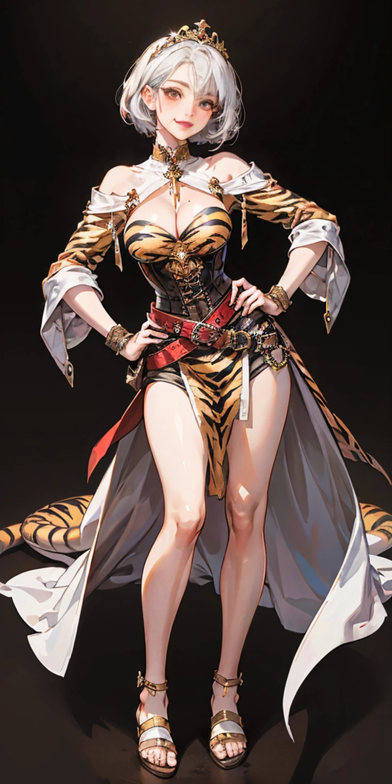 ((BLACK BACKGROUND 1:2, masterpiece)) 1solo female full body MILF BIMBO standing straight symmetrical with two long thighs and two metal sandals, red eyes like rubies, eye focus looking to the viewer, silver white hair, short bob style hair, big knockers breastplate, breastplate, cleavage, tiara royal, long cape up to two feet, yellow bikini (yellow tiger stripes), lustful smirking smiling, smile face (red blushed, red cheeks), pauldrons metal shoulders, gold sleeveless bracelets, separate sleeves, hands on waist hands OR hips, golden bracers, metal handcuffs, leather corset, red loincloth, black leather choker slave collar, shackles bracelets, slave red crest under navel, navel, big belt around waist OR hips, feet together, metal ankle, two long thighs and two metal sandals