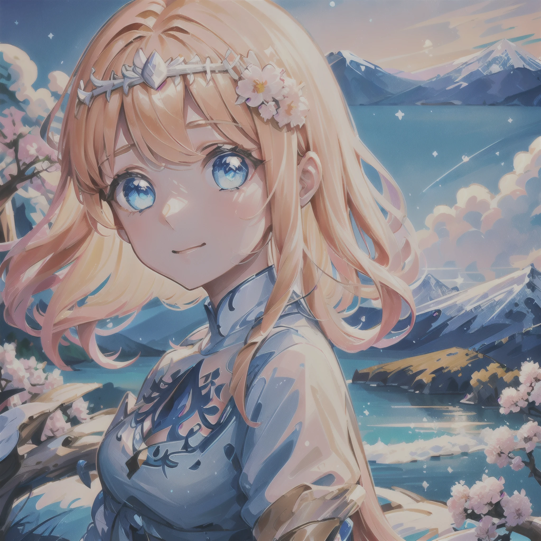 (1girl:1.2), slight blush, hands down, wavy hair, long hair ice blue eyes, sakura tree, hair flower, ,, wind, winter, mountain range, mountain sitting near mountain, detailed water, sparkling eyes, light smile, peaceful, extremely detailed, depth of field, cinematic lighting, Ghibli-like colours, high detail, scenery, high place, horizon, wind, wind blow, looking at viewer, , 8k, standing on wooden bridge, bokeh, from side, award winning, (masterpiece:1.2), best quality, anatomically correct, perfect hands, 1girl, Calca, blonde hair, extremely long hair, white tiara, white dress, blue eyes, medium breasts