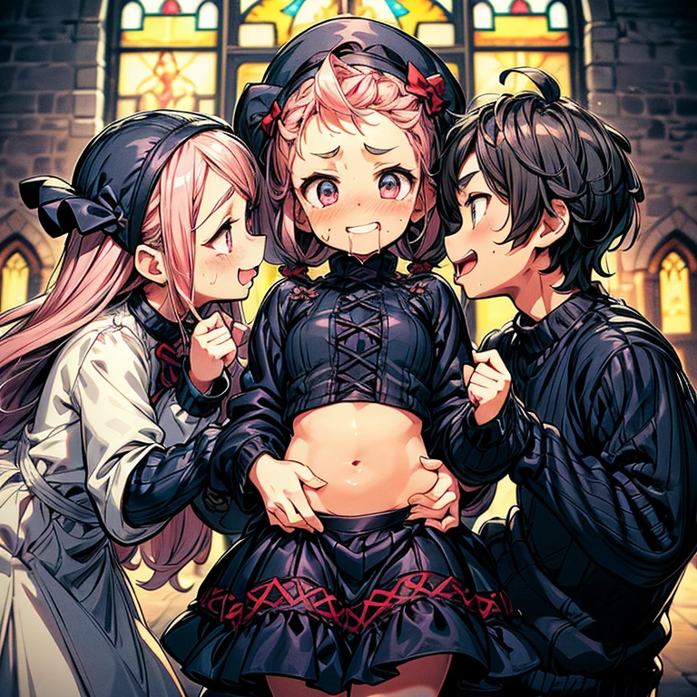 Girl with pink hair, long double-tailed hairstyle (small pink bushy eyebrows), dressed in gothic lolita clothes, lolicon (Zankuro) drawing style by zankuro artist, Zancro style, image uploaded to R34, (in a church full of people), flirtatious smile, suddenly having sex in public, ((flirty smile, drooling)) hands on belly,( begging for sex), wearing a wedding dress