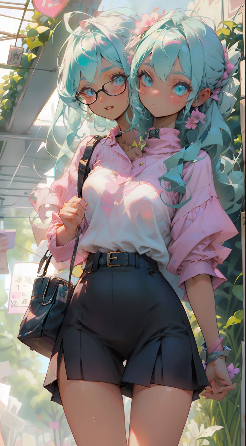girl, in the style of pink and aquamarine --style cute, (two heads)