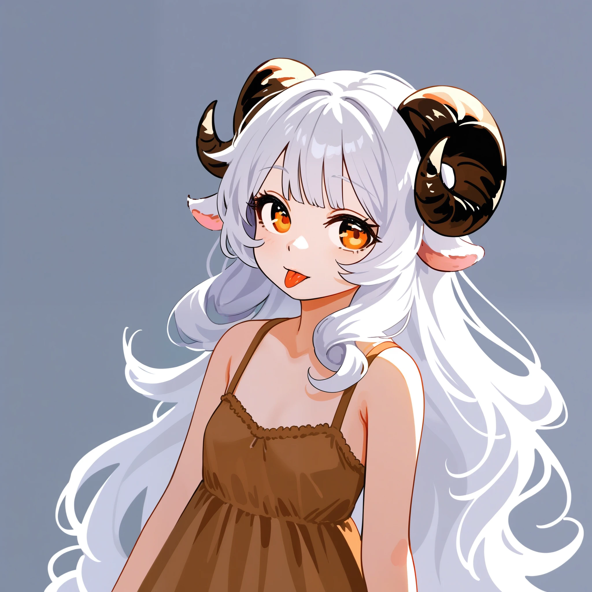 1girl, solo, portrait, young Monstergirl, curled horns, sheep horns, sheep ears, white hair, long hair, messy hair, long bangs, orange eyes, neutral, tongue out playfully, brown dress, sundress, small breasts, standing, white background, simple background, masterpiece, best quality, isometric lightning