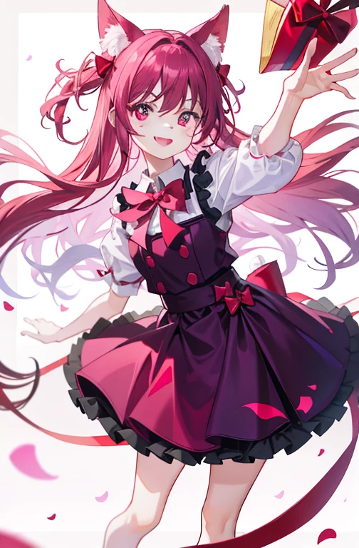Single dark purple tail,pinkish red eyes,Laughing with your mouth open,Red Bow