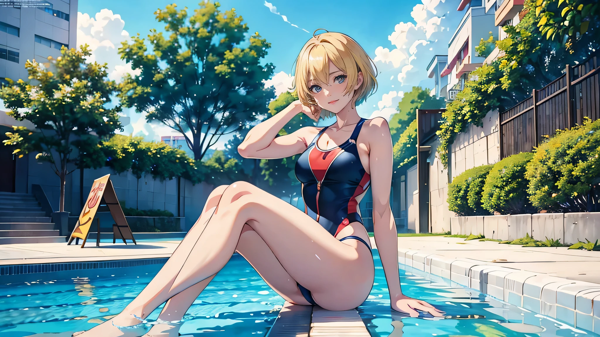 (RAW photo:1.2, photorealistic:1.3), masterpiece:1.4, best quality:1.3, Highest details:1.3, beautiful and aesthetic, extremely detailed CG unity 8k wallpaper,( vibrant colors:1.1), high resolution, thin white school swimwear, one-piece swimwear, anime visual of a cute girl, official character art, anime girl, official art, single character full body, anime full body illustration, full body portrait of a short!, female anime character, as an anime character, a-1 pictures, full body with costume, rei hiroe, anime best girl, blond bob hair, on the midday outdoor  poolside, dynamic pose, dancing, smile, 