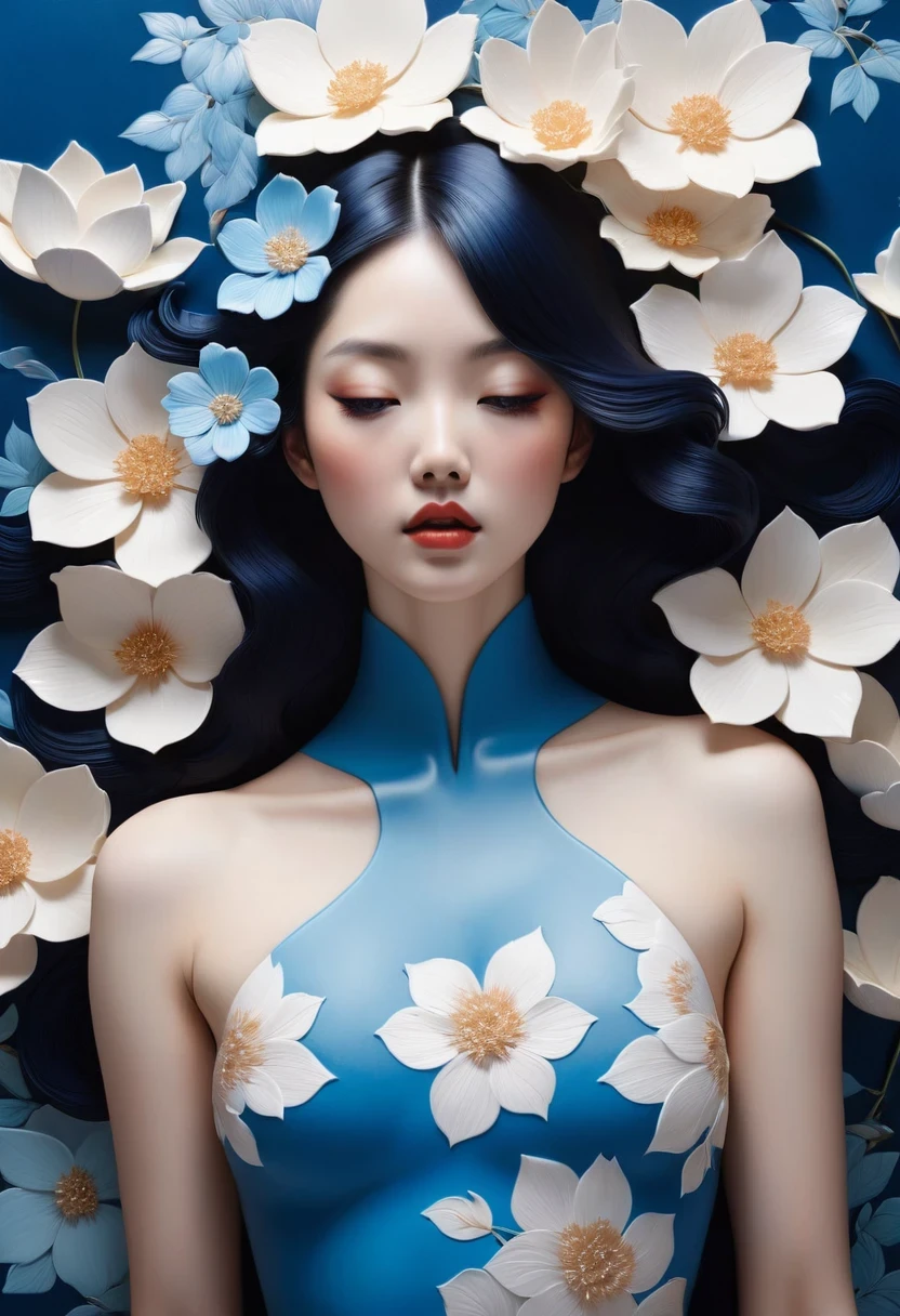 chiaroscuro technique on sensual illustration of an elegant , retro and vintage ,silky flower around body, matte painting, by Hannah Dale, by Harumi Hironaka, extremely soft colors, Blue and white porcelain,Ceramic material，femele，Embossed petals，artwork of a，Long hair, circle eyes, shadowing, anaglyph, stereograms, angle of view, Atmospheric perspective, 8K, Super detail, ccurate, Best quality