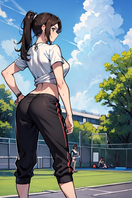 Masterpiece, high resolution, high quality, intricate details, anime girl, full body portrait, back view, 36 year old woman, attractive woman, mature face, mature beauty, brown hair, short ponytail, blue eyes, athletic body, medium breasts, curvy hips, arrogant smile, ((Wearing: White Gym T-shirt, Black Gym sweat pants, whistle necklace and black tennis shoes)), standing, hands on hips, looking from behind, (Background: outdoors, school track field, blue sky, clouds in the sky),
