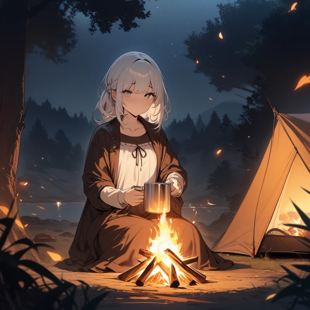 1 woman, a campfire, a flickering flame, sparks rising, the shore of a lake, holding a stainless steel cup, darkness, a starry sky, a tent, a quiet night atmosphere, and trees. A visual representation of the noise of noise and the crackling of flames, Meticulously Rendered Face, Beautiful Eyes, Feminine Physique, ((Masterpiece)), ((Best Quality)), (Very Detailed), (Very Detailed)), 4K, (8K), Best Quality,