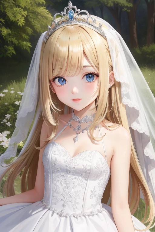 girl,,Wedding dress,European countryside,blonde,Bangs Bangs,Pretty face,Thick and muscular arms,Underarm,tiara