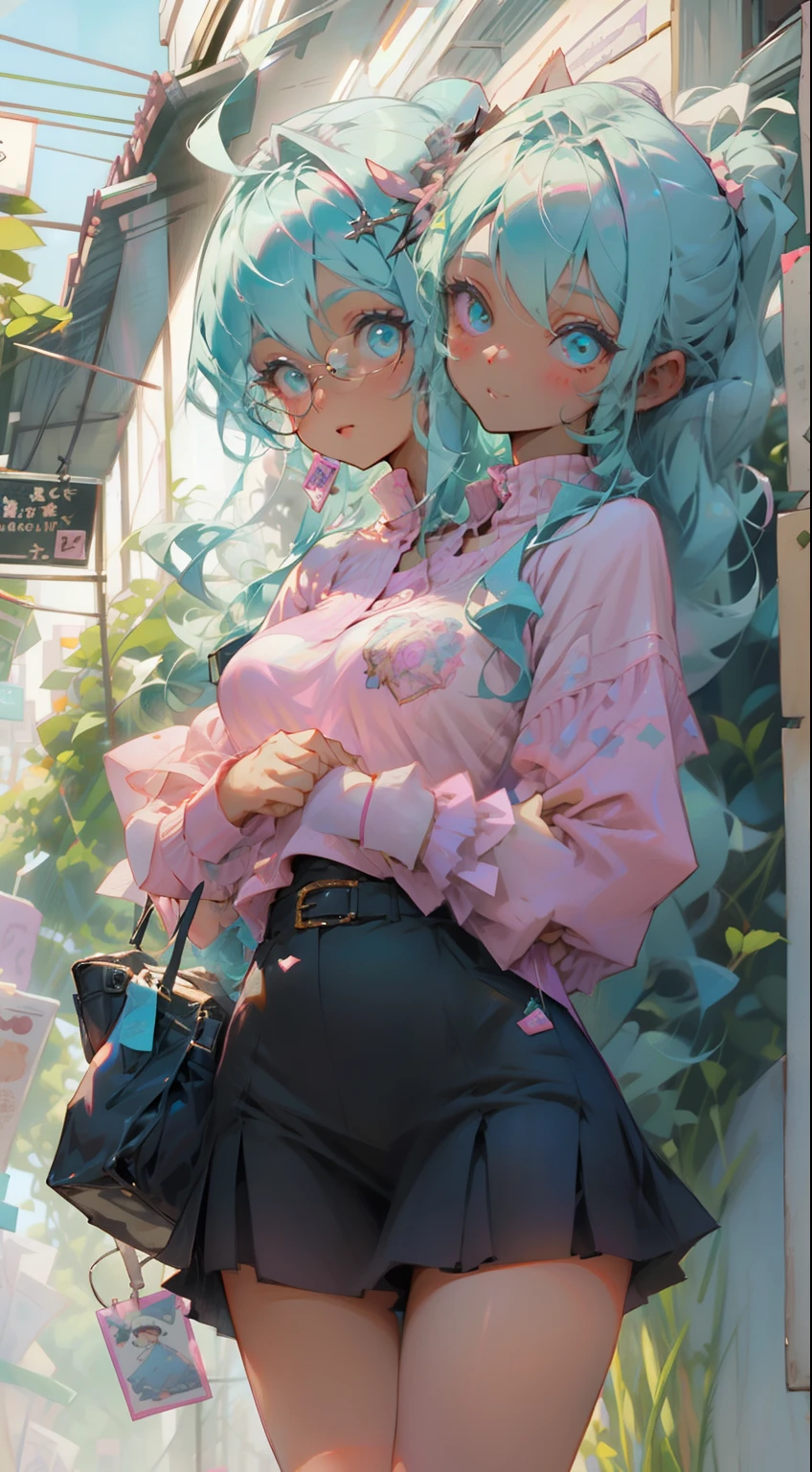 girl, in the style of pink and aquamarine --style cute, (two heads)