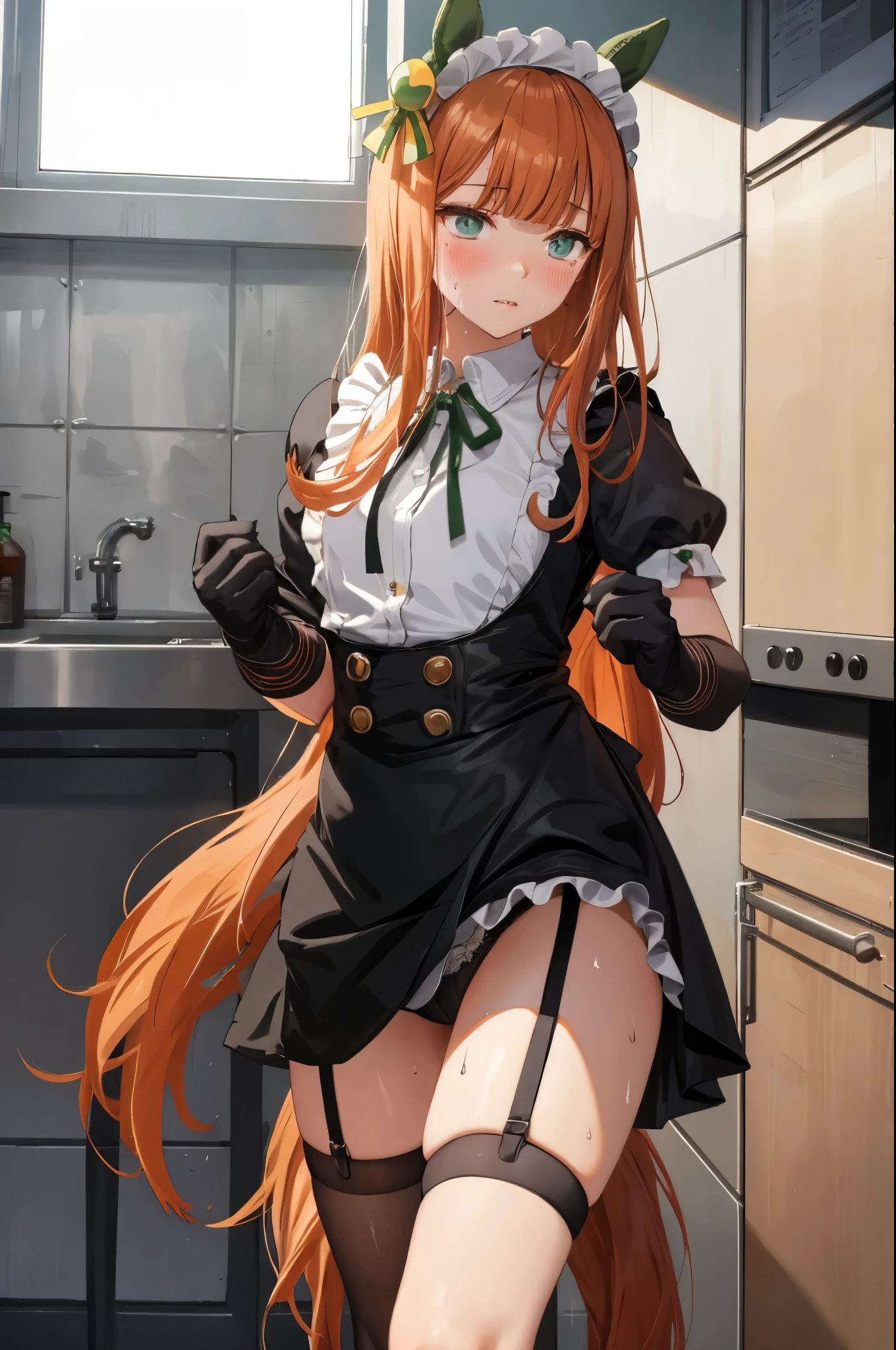 masterpiece, highest quality, Silence Suzuka \(umamusume\), Horse's ears, Small breasts, Horse tail, apron, Black dress, Black Hair, Blushing,White skin, Garment Lift, dress, dress Lift, Frame to foot, Garter Straps, gloves, Lift yourself up, Short sleeve, Watch Beholder, Maid, Maid Headdress, Neck ribbon, panties, ribbon, Skirt Hold, alone, Drops of sweat, Thighs, underwear, White apron, 白いgloves, 白いpanties, 白い非常にスリムなThighs
