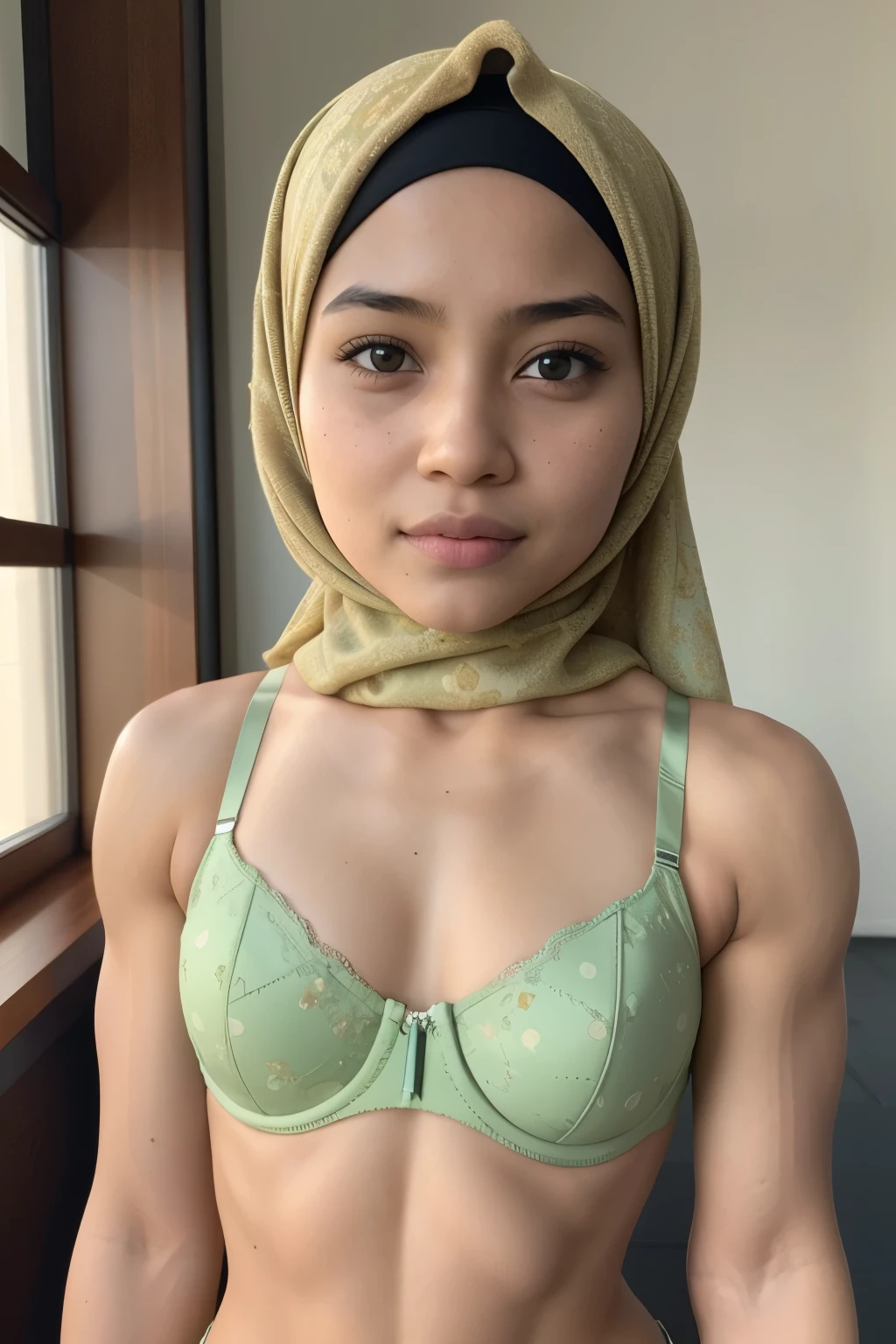 Bodybuilder ?????, (((HIJAB MALAY GIRL))), masutepiece, High quality, UHD 32K, Realistic face, Realistic skin feeling , A Japanese Lady, 8 years old, , Very cute and baby-like face, (((FLAT CHEST))), (MATRIX WORLD), ((look In front  at the camera and SADNESS)), ((())), (((CUTE GIRL))), ((LIGHT GREEN LIPS)), ((wering lingerie Bra Floral Pattern)) little Bodybuilder 
