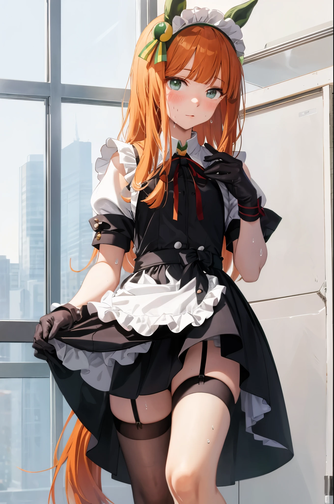 masterpiece, highest quality, Silence Suzuka \(umamusume\), Horse&#39;s ears, Small breasts, Horse tail, apron, Black dress, Black Hair, Blushing,White skin, Garment Lift, dress, dress Lift, Frame to foot, Garter Straps, gloves, Lift yourself up, Short sleeve, Watch Beholder, Maid, Maid Headdress, Neck ribbon, panties, ribbon, Skirt Hold, alone, Drops of sweat, Thighs, underwear, White apron, 白いgloves, 白いpanties, 白い非常にスリムなThighs