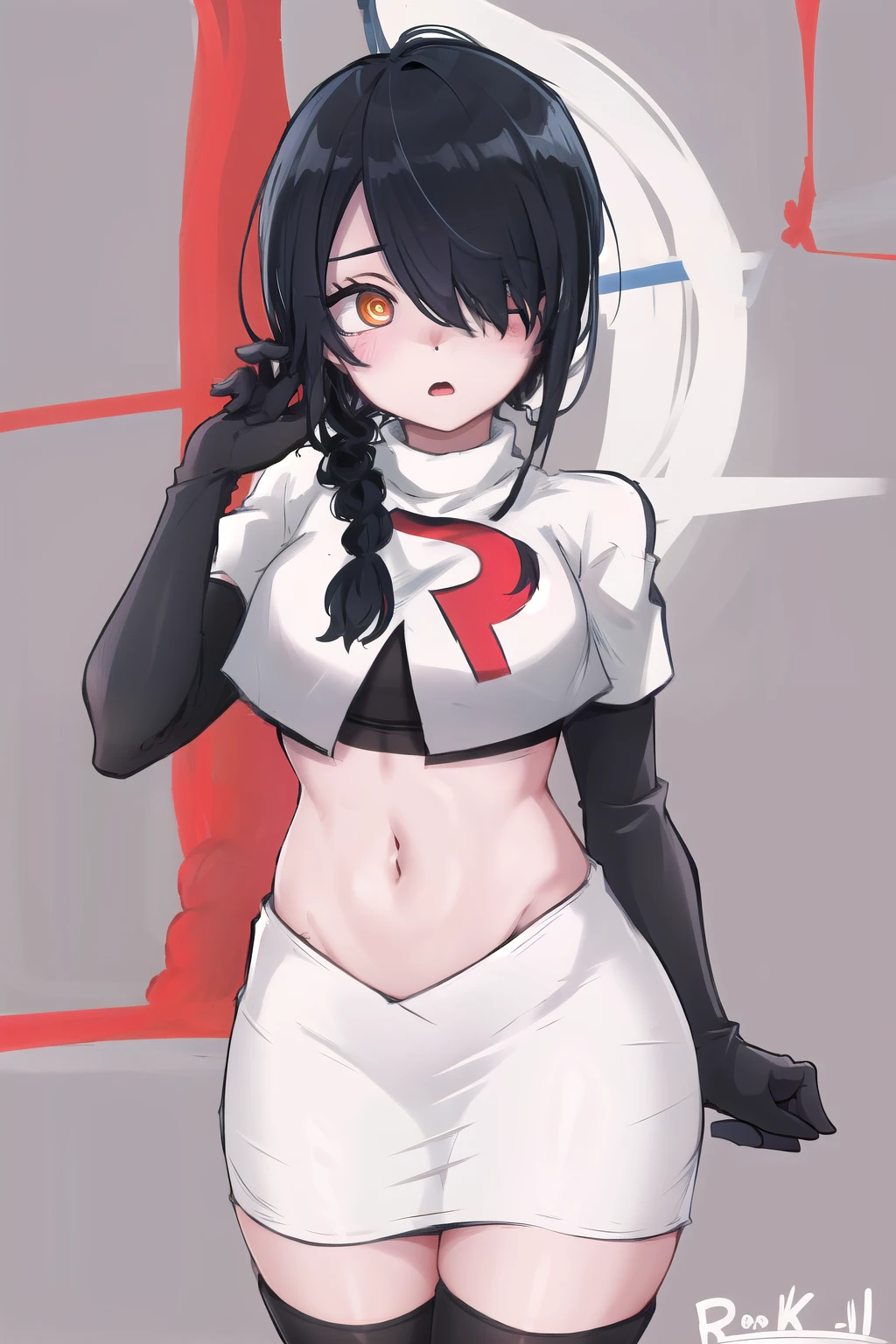 nayuta, ringed eyes, red eyes, single braid, (hair over one eye), black hair, looking at viewer, :o, blush, simple background, team rocket,team rocket uniform,white skirt,red letter R,crop top,black thigh-highs,black elbow gloves