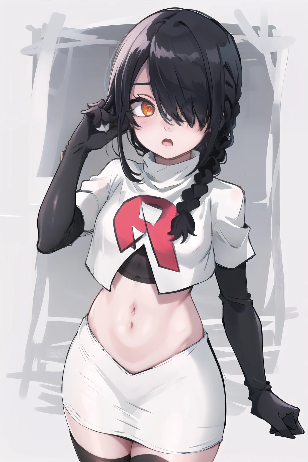 nayuta, ringed eyes, red eyes, single braid, (hair over one eye), black hair, looking at viewer, :o, blush, simple background, team rocket,team rocket uniform,white skirt,red letter R,crop top,black thigh-highs,black elbow gloves