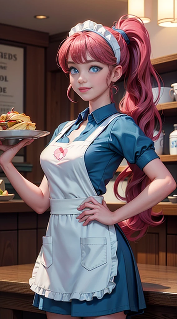 ((best quality)), ((highly detailed)), masterpiece, (detailed eyes, deep eyes), (1girl), dynamic angle, cowboy shot, mlppinkiepie, woman, gleeful smile, looking at viewer, ((big curly bright pink hair)), ((blue eyes)), ((side swept bangs)), ((low tied ponytail)), (((waitress uniform))), cleavage, (indoor diner), light blue skirt, apron, short skirt, collared shirt, woman, sexy, rosy cheeks, medium breasts, realistic proportions, unbuttoned white blouse, holding a plate, (((apron))), short puffy sleeves, headband, hand on hip, low cut blouse,
