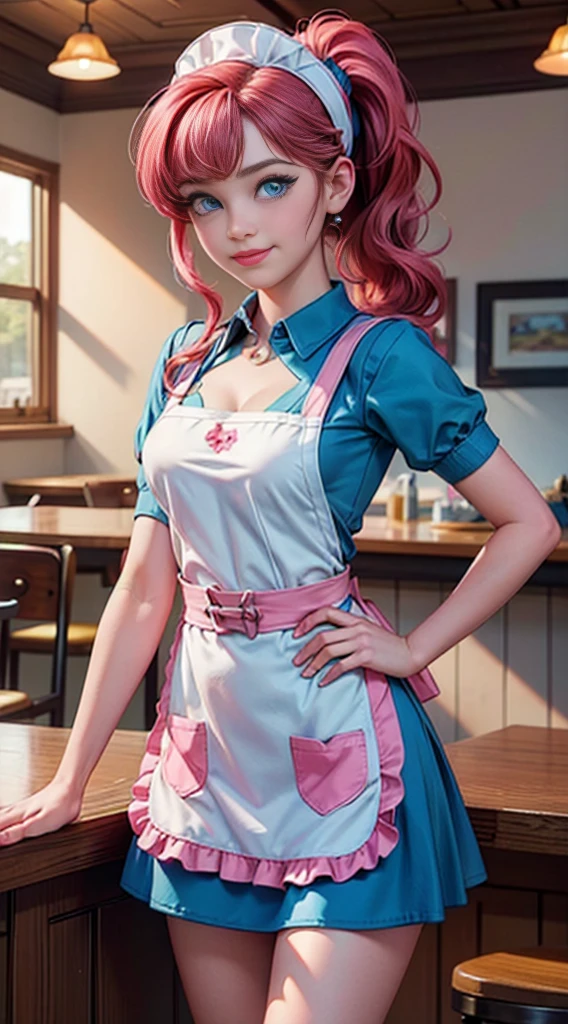 ((best quality)), ((highly detailed)), masterpiece, (detailed eyes, deep eyes), (1girl), dynamic angle, cowboy shot, mlppinkiepie, woman, gleeful smile, looking at viewer, ((big curly bright pink hair)), ((blue eyes)), ((side swept bangs)), ((low tied ponytail)), (((waitress uniform))), cleavage, (indoor diner), light blue skirt, apron, short skirt, collared shirt, woman, sexy, rosy cheeks, medium breasts, realistic proportions, unbuttoned white blouse, holding a plate, (((apron))), short puffy sleeves, headband, hand on hip, low cut blouse,