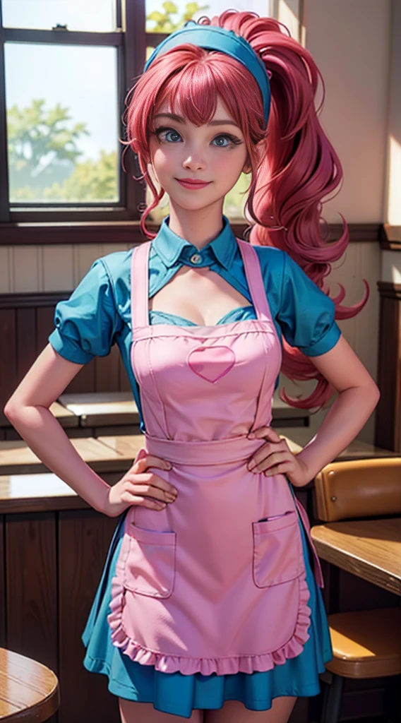 ((best quality)), ((highly detailed)), masterpiece, (detailed eyes, deep eyes), (1girl), dynamic angle, cowboy shot, mlppinkiepie, woman, gleeful smile, looking at viewer, ((big curly bright pink hair)), ((blue eyes)), ((side swept bangs)), ((low tied ponytail)), (((waitress uniform))), cleavage, (indoor diner), light blue skirt, apron, short skirt, collared shirt, woman, sexy, rosy cheeks, medium breasts, realistic proportions, unbuttoned white blouse, holding a plate, (((apron))), short puffy sleeves, headband, hand on hip, low cut blouse,