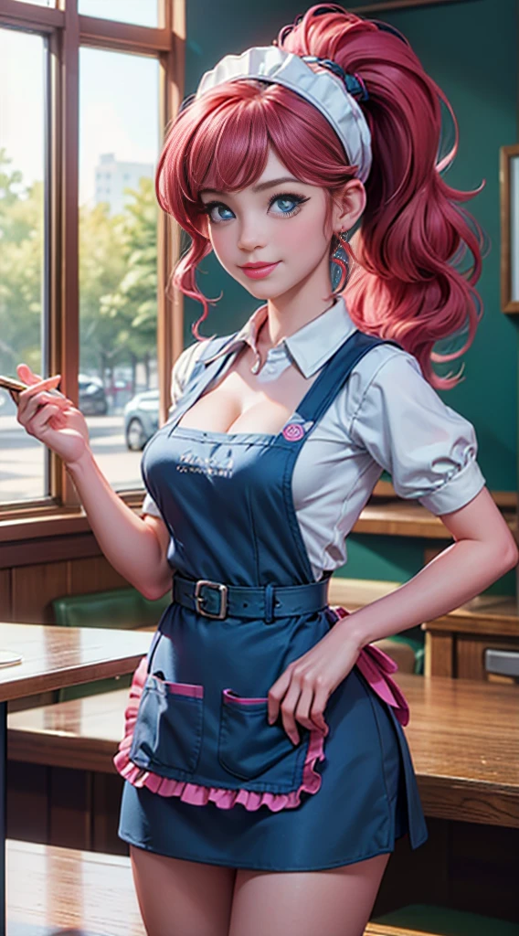 ((best quality)), ((highly detailed)), masterpiece, (detailed eyes, deep eyes), (1girl), dynamic angle, cowboy shot, mlppinkiepie, woman, gleeful smile, looking at viewer, ((big curly bright pink hair)), ((blue eyes)), ((side swept bangs)), ((low tied ponytail)), (((waitress uniform))), cleavage, (indoor diner), light blue skirt, apron, short skirt, collared shirt, woman, sexy, rosy cheeks, medium breasts, realistic proportions, unbuttoned white blouse, holding a plate, (((apron))), short puffy sleeves, headband, hand on hip, low cut blouse,