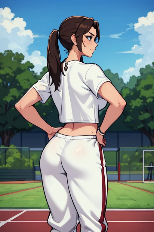 Masterpiece, high resolution, high quality, intricate details, anime girl, full body portrait, back view, 36 year old woman, attractive woman, mature face, mature beauty, brown hair, short ponytail, blue eyes, athletic body, medium breasts, curvy hips, arrogant smile, ((Wearing: White Gym T-shirt, Black Gym sweat pants, whistle necklace and black tennis shoes)), standing, hands on hips, looking from behind, (Background: outdoors, middle school track field, blue sky, clouds in the sky),
