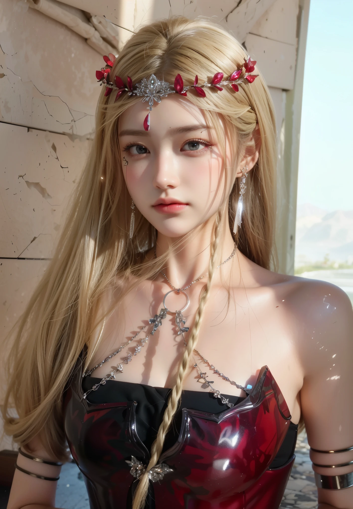 Game Art，Cg animation，Best image quality，Maximum resolution，8k，(A half-length photo)，(portrait)，(Head close-up)，(Rule of Thirds)，Unreal Engine 5 rendering works，20 year old girl，((Queen))，The eyes are very detailed，(Large Breasts)，Elegance and nobility，Movie Lighting，Ray Tracing，Game CG，((3D Unreal Engine))，OC rendering reflection pattern，4K，Ultra-clear，Translucent lace，Fair and plump figure，Pretty Face，Glossy Gel Coat，身着华贵礼服的Queen，Necklace jewelry，intricate tattoo designs，The tattoo is very delicate，goddess，Large breasts，Steel bracelet on arm，Turn one eye and close one eye