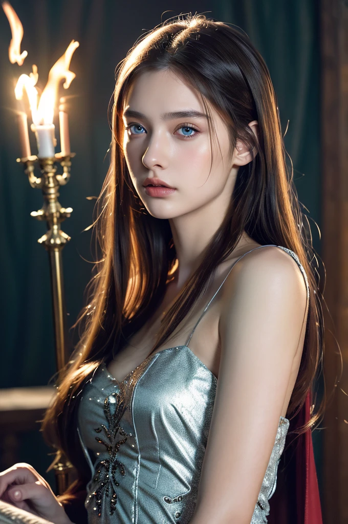 ( masterpiece, top quality, best quality,8k,17 years old girl,ultra detailed,raw photo:1.5),(photorealistic:1.4),(cinematic lighting), PerfectNwsjMajic, , Surrealism, UHD, ccurate, Super detail, textured skin, High detail, Best quality, dynamic angle, (high nose,White skin),[Beautiful blue eyes],[flat chest:large breasts:0.5],(1girl),(good anatomy:0.5)),a woman in a dress with a sword, a beautiful fantasy empress, ((a beautiful fantasy empress)), beautiful fantasy maiden