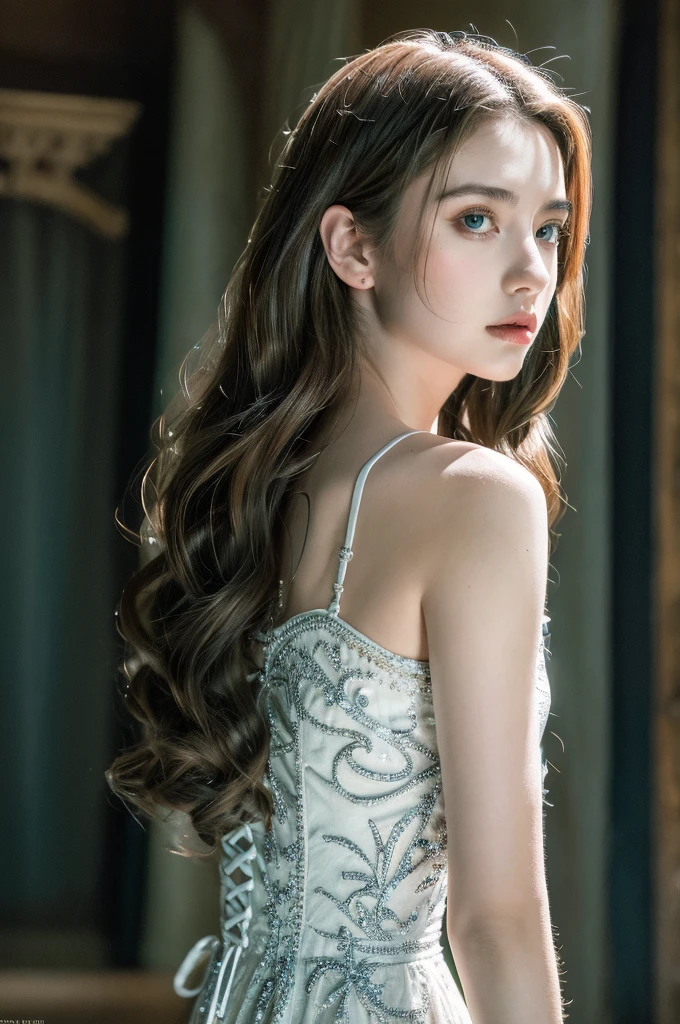 ( masterpiece, top quality, best quality,8k,17 years old girl,ultra detailed,raw photo:1.5),(photorealistic:1.4),(cinematic lighting), PerfectNwsjMajic, , Surrealism, UHD, ccurate, Super detail, textured skin, High detail, Best quality, dynamic angle, (high nose,White skin),[Beautiful blue eyes],[flat chest:large breasts:0.5],(1girl),(good anatomy:0.5)), of a woman in a dress with a sword, a beautiful fantasy empress, ((a beautiful fantasy empress)), beautiful fantasy maiden
