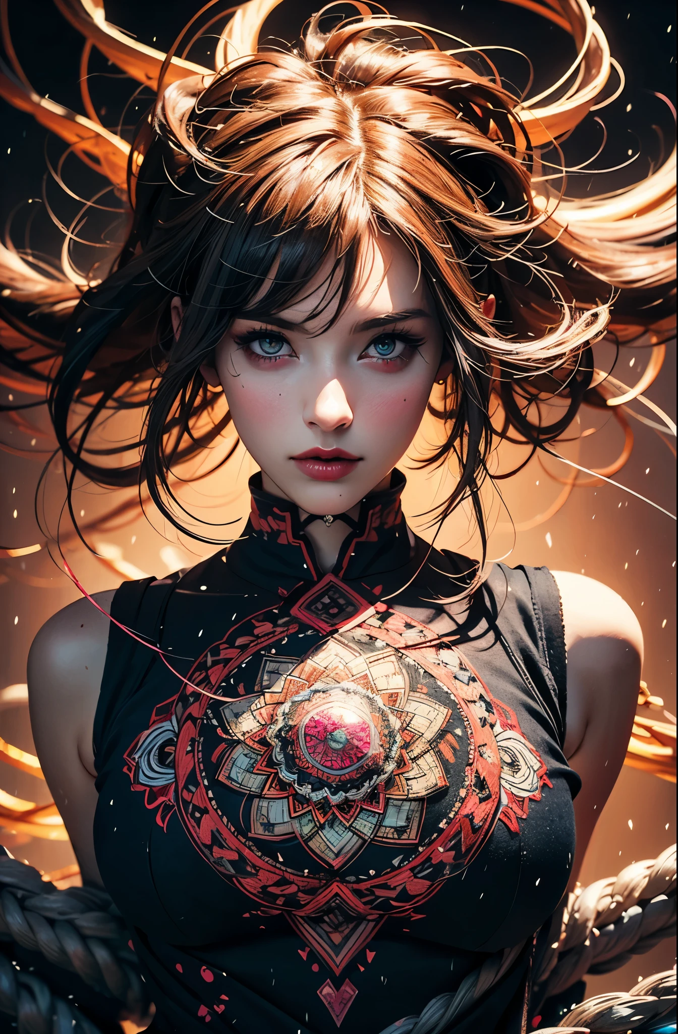 Centered, symmetrical, portrait official art, red pink vibrant, unity 8k wallpaper, ultra detailed, beautiful and aesthetic, masterpiece, best quality, (zentangle, mandala, tangle, entangle), (fractal art:1.3), 25 year old woman, happy sexy, extremely detailed, dynamic angle, vivid colours, romanticism, atmospheric, ??????? of musical notes, streaming musical notes visible. Luminous light. Luminous, 4K, highly detailed Cyberpunk alley at night.