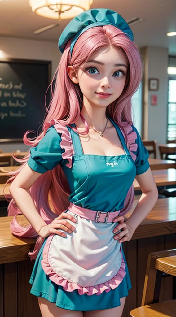 ((best quality)), ((highly detailed)), masterpiece, (detailed eyes, deep eyes), (1girl), dynamic angle, cowboy shot, mlpfluttershy, woman, gleeful smile, looking at viewer, ((long pink hair)), ((teal eyes)), (((waitress uniform))), cleavage, (indoor diner), light green skirt, apron, short skirt, collared shirt, woman, sexy, rosy cheeks, medium breasts, realistic proportions, unbuttoned white blouse, holding a plate, (((apron))), short puffy sleeves, headband, hand on hip, low cut blouse,