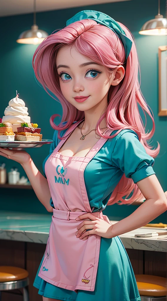 ((best quality)), ((highly detailed)), masterpiece, (detailed eyes, deep eyes), (1girl), dynamic angle, cowboy shot, mlpfluttershy, woman, gleeful smile, looking at viewer, ((long pink hair)), ((teal eyes)), (((waitress uniform))), cleavage, (indoor diner), light green skirt, apron, short skirt, collared shirt, woman, sexy, rosy cheeks, medium breasts, realistic proportions, unbuttoned white blouse, holding a plate, (((apron))), short puffy sleeves, headband, hand on hip, low cut blouse,