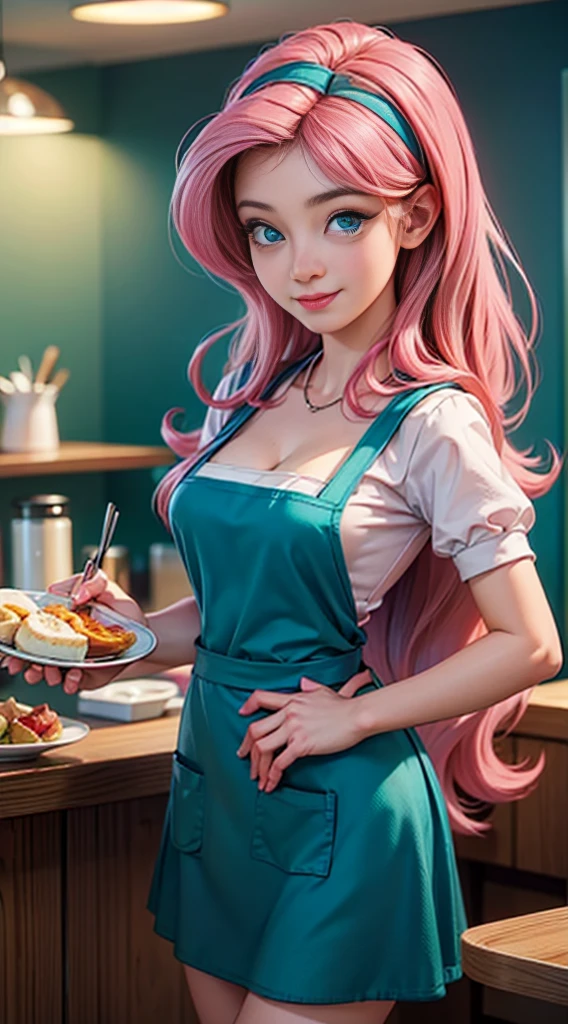((best quality)), ((highly detailed)), masterpiece, (detailed eyes, deep eyes), (1girl), dynamic angle, cowboy shot, mlpfluttershy, woman, gleeful smile, looking at viewer, ((long pink hair)), ((teal eyes)), (((waitress uniform))), cleavage, (indoor diner), light green skirt, apron, short skirt, collared shirt, woman, sexy, rosy cheeks, medium breasts, realistic proportions, unbuttoned white blouse, holding a plate, (((apron))), short puffy sleeves, headband, hand on hip, low cut blouse,