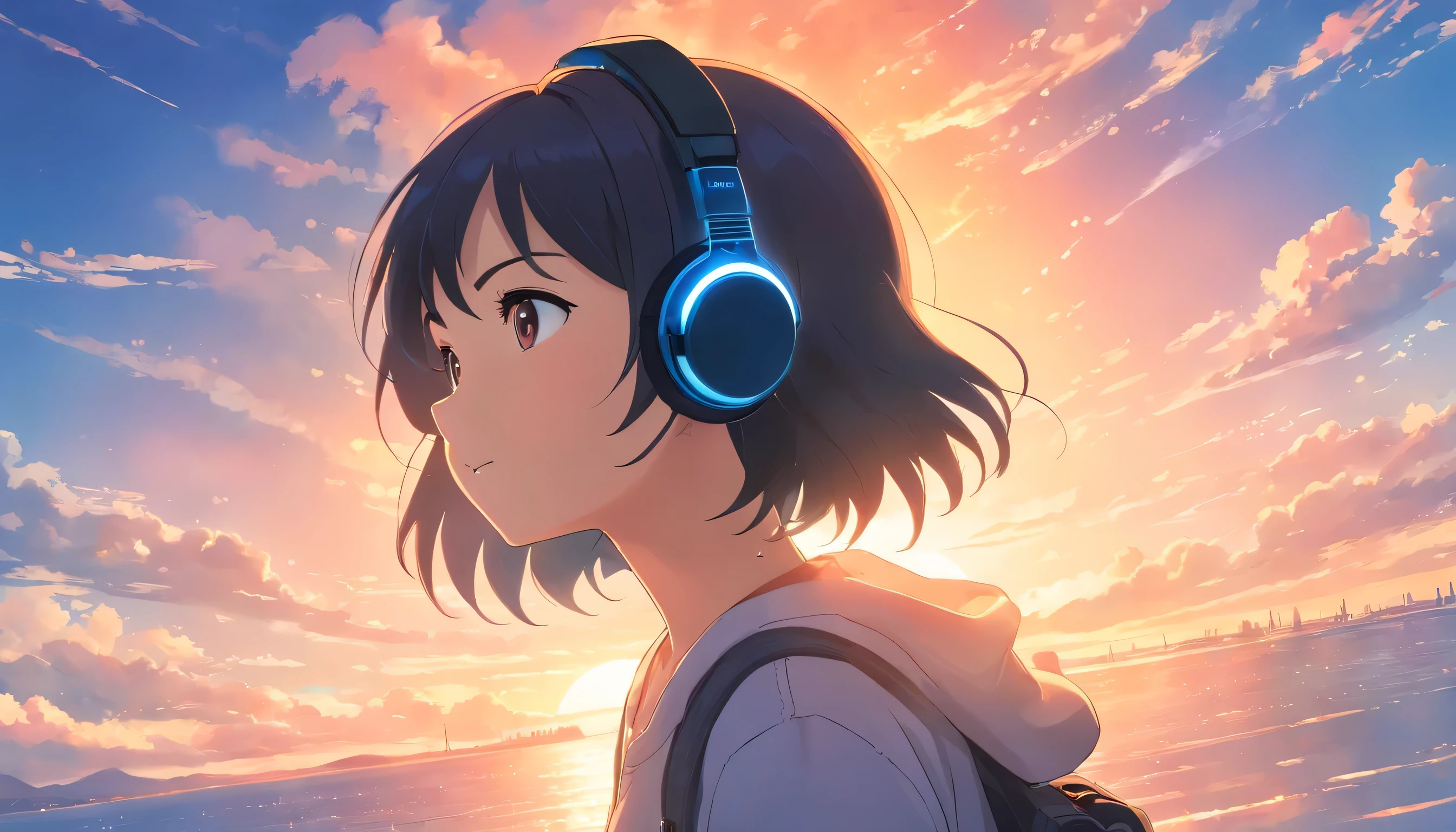 masterpiece, best quality, movie still, 1girl, cloud girl, black cap,headphone,floating in the sky, close-up, bright, happy, warm soft lighting, sunset, (sparks:0.7)