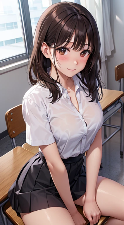 ((Tabletop, highest quality, High resolution, Hmph, Perfect Pixel, 4K, Hmph, Hmph))), One Girl, single, alone, Beauty、The whole body is visible、 ((Mid-wave hair, bangs, brown hair)), ((Brown eyes, Beautiful eyelashes, Realistic eyes)), ((Detailed face, Blushing:1.2)), ((Smooth texture:0.75, Realistic texture:0.65, Realistic:1.1, Anime CG Style)), Medium chest, Dynamic Angle, Perfect body, ((school uniform, White shirt, Black Skirt, Unbuttoned shirt、、Checked skirt、I'm not wearing shoes、White Sox)), An empty classroom、Sit at a desk、Lower'I took my feet off the desk...........................、evening、、、Very embarrassing panic smile、(Lift up your skirt with your right hand、Spread your legs、Knees wide open、White and pink floral lace panties)、、(Cute floral bra)、