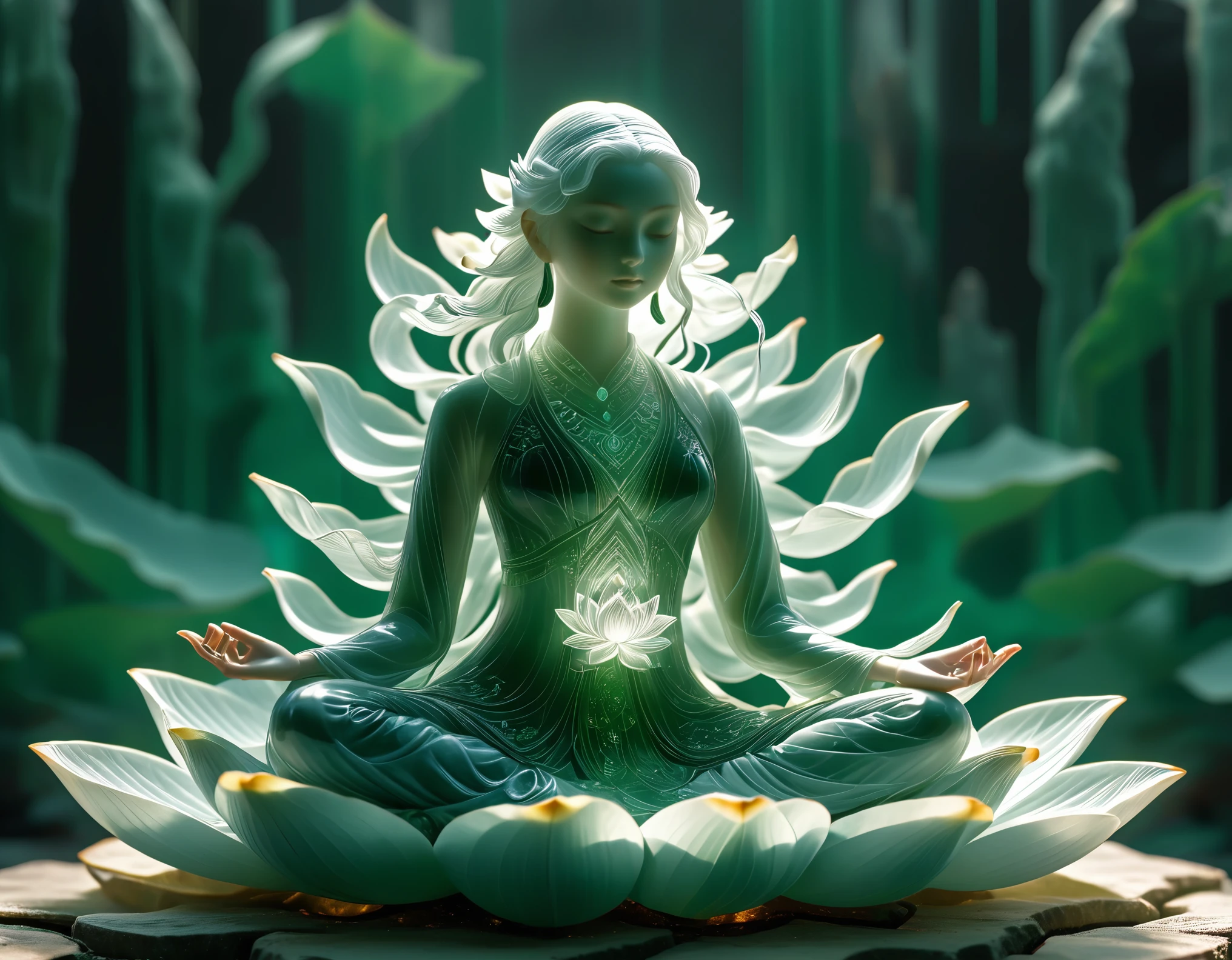 high resolution, Ultra Detailed, (1 girl:1.3),(lotus),JadeBREAK Sunlight, reverberation, Experimental photography, Surreal contrasts, Eye-Catching Visuals, Artistic abstraction,
Break the art of cutting, layered silhouette, complex pattern, exquisite craft, shadow play, Depth and size, creative expression,
break art, Frozen sculpture, translucent form, short-lived beauty, Crystal structure, exquisite craft, touching, lotus pose,
break green eye,body glow,Glowing Line,fluorescence,Glow Example,Tracking example,flash,萤light particles,Backlight,translucent,light particles