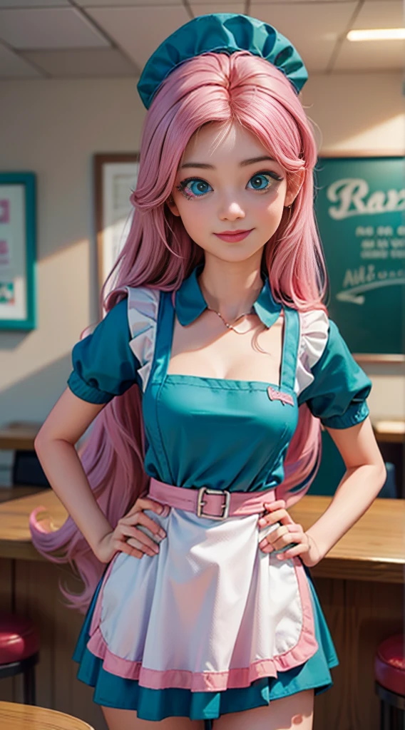 ((best quality)), ((highly detailed)), masterpiece, (detailed eyes, deep eyes), (1girl), dynamic angle, cowboy shot, mlpfluttershy, woman, gleeful smile, looking at viewer, ((long pink hair)), ((teal eyes)), (((waitress uniform))), cleavage, (indoor diner), light green skirt, apron, short skirt, collared shirt, woman, sexy, rosy cheeks, medium breasts, realistic proportions, unbuttoned white blouse, holding a plate, (((apron))), short puffy sleeves, headband, hand on hip, low cut blouse,