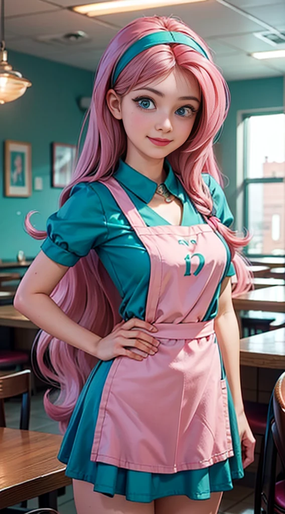 ((best quality)), ((highly detailed)), masterpiece, (detailed eyes, deep eyes), (1girl), dynamic angle, cowboy shot, mlpfluttershy, woman, gleeful smile, looking at viewer, ((long pink hair)), ((teal eyes)), (((waitress uniform))), cleavage, (indoor diner), light green skirt, apron, short skirt, collared shirt, woman, sexy, rosy cheeks, medium breasts, realistic proportions, unbuttoned white blouse, holding a plate, (((apron))), short puffy sleeves, headband, hand on hip, low cut blouse,