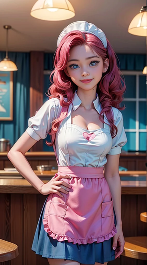 A classic American diner scene of a buxom waitress leaning against the counter, long ponytail bouncing as she flips through her order pad. She wears a bubblegum pink poodle skirt dress with a bright white apron tied around her slim waist. Black saddle shoes tap patiently as she waits for the next order, red manicured nails tapping the pencil. Pink-tinted lips blow a bubble with her chewing gum as strums a little tune under her breath. All around her the shiny chrome and neon lights evoke the lively atmosphere of a 1950s late-night hot spot