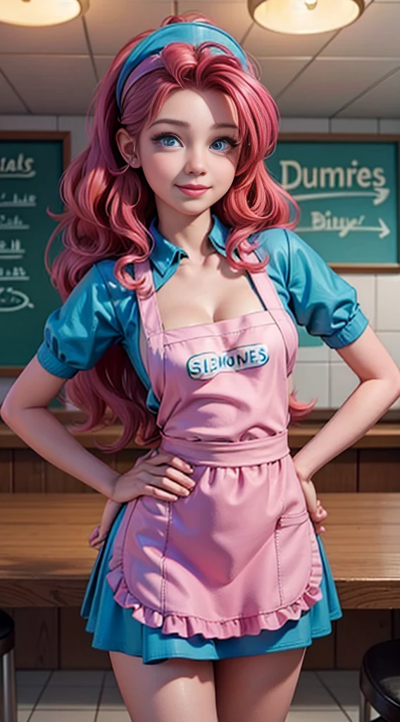 ((best quality)), ((highly detailed)), masterpiece, (detailed eyes, deep eyes), (1girl), dynamic angle, cowboy shot, mlppinkiepie, woman, gleeful smile, looking at viewer, ((big curly bright pink hair)), ((blue eyes)), (((waitress uniform))), cleavage, (indoor diner), light blue skirt, apron, short skirt, collared shirt, woman, sexy, rosy cheeks, medium breasts, realistic proportions, unbuttoned white blouse, holding a plate, (((apron))), short puffy sleeves, headband, hand on hip, low cut blouse,