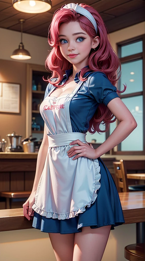 ((best quality)), ((highly detailed)), masterpiece, (detailed eyes, deep eyes), (1girl), dynamic angle, cowboy shot, mlppinkiepie, woman, gleeful smile, looking at viewer, ((big curly bright pink hair)), ((blue eyes)), (((waitress uniform))), cleavage, (indoor diner), light blue skirt, apron, short skirt, collared shirt, woman, sexy, rosy cheeks, medium breasts, realistic proportions, unbuttoned white blouse, holding a plate, (((apron))), short puffy sleeves, headband, hand on hip, low cut blouse,