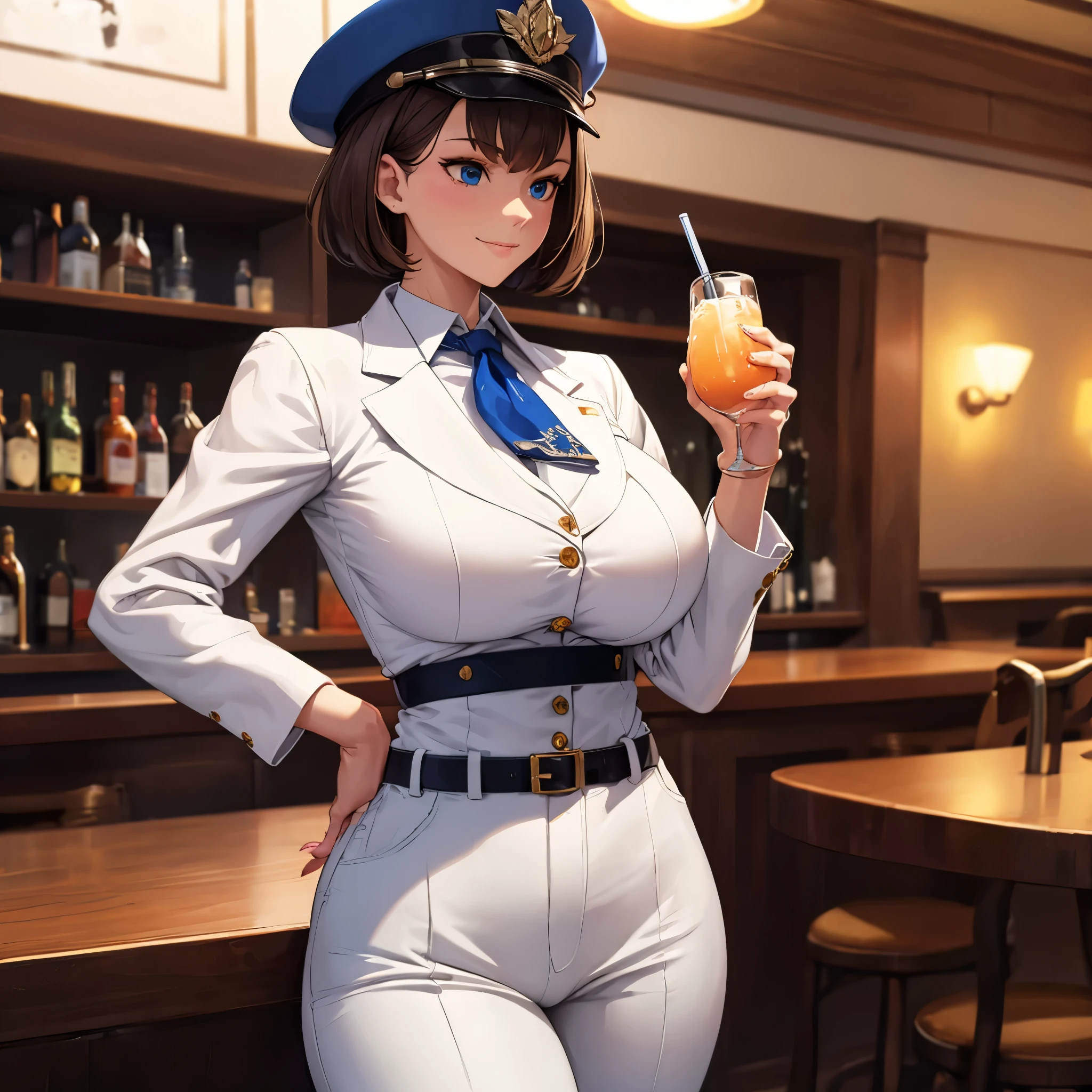 A woman wearing a white suit, white pants, blue shirt, white women's shoes, white classic hat, sunglasses, short brown hair, smiling, in a bar at night, luxurious lighting, benches, table, drink in the background, blur effect deep, big chest..HDR, ultra resolution, well defined, masterpiece, 8K HD. (solo woman)
