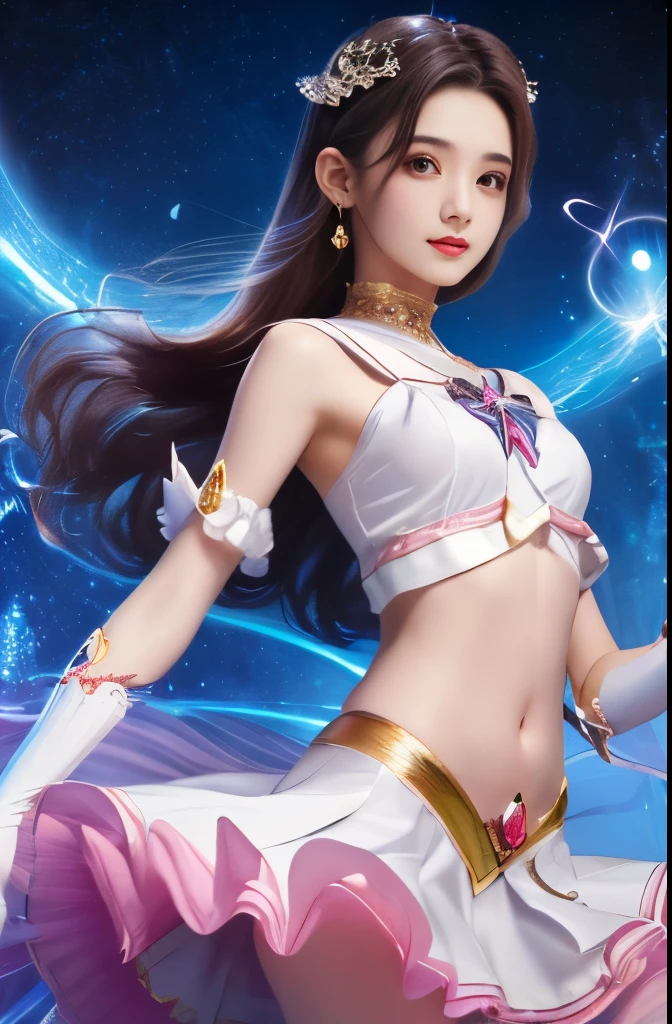 "Masterpiece, high quality, detailed, high resolution, 4k, 8k, realistic skin texture, amazing shadows, perfect lighting, hyper-realistic." A beautiful female captain of a space ship, space exploring, cosmic lights, (Chinese brown eyes, eye shadow, gloves, white fair skin, small breasts, toned abs), arms up, armpit, inside her spaceship quarters