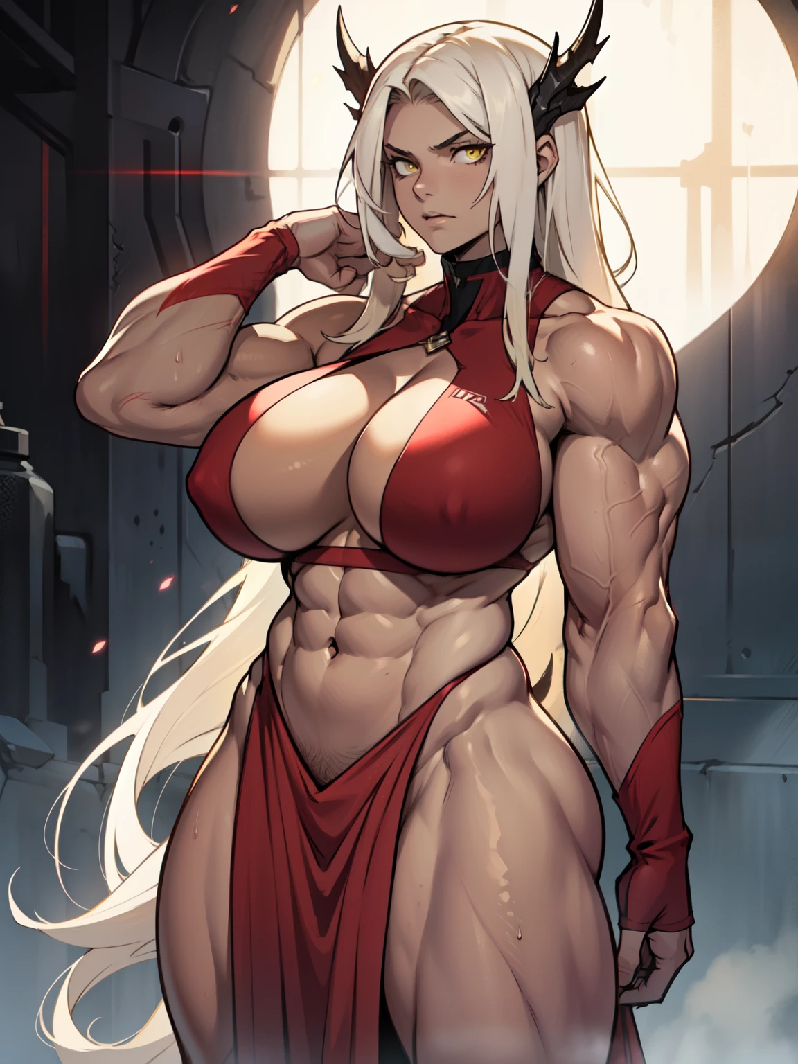 (((Muscular girl with a toned body and massive breasts))) yellow eyes, long hair, pale skin, full length