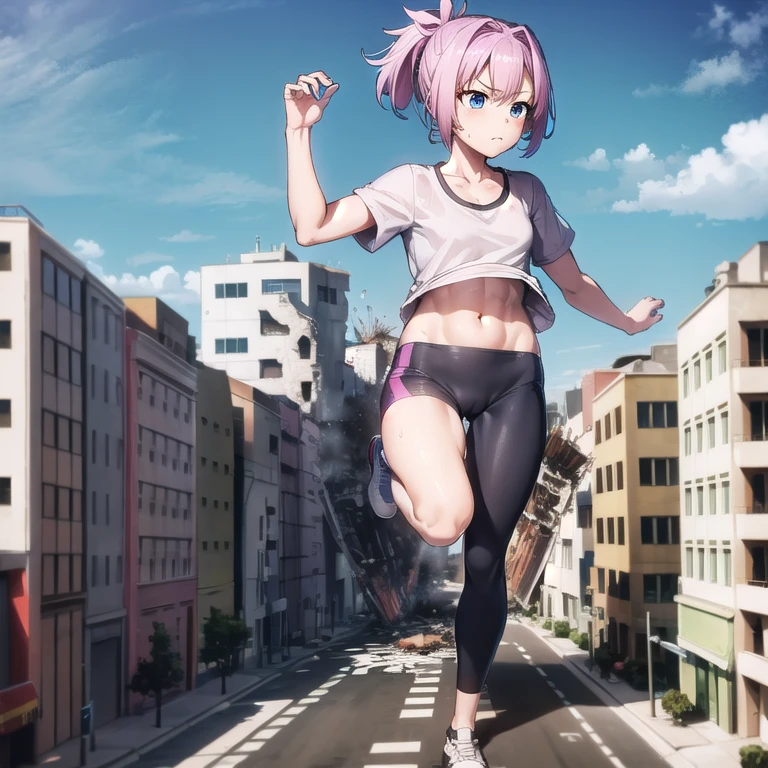 giantess, 1 rapariga, running, Exercising, Pleasure, blue eyes,absurdres, Wear a pink cleavage show T-shirt, Wear black yoga pants underneath, stomach, navel, Long legs, Tightens abs, No chest leakage, Super huge high school girl bigger than a city, crash city, tiny city, ((destroyed city)), micro city, Trying to crush a miniature metropolis, Background on the street, (((The Girl Who Crushes the City))), skinny pants, gym room, big assa, city, Sweat, Falling sweat, giga giantess, huge craters, ravines, cracks in the ground, earthquak, null, blue sky, City, ((shiranui_kantaicollection)), pink_hair, short_hair, ponytail, blue_eyes, first-person view, best quality, masterpiece, highres