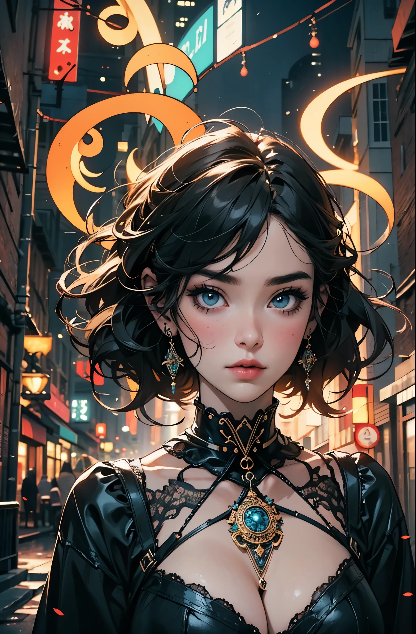 Centered, symmetrical, portrait official art, unity 8k wallpaper, ultra detailed, beautiful and aesthetic, masterpiece, best quality, (zentangle, mandala, tangle, entangle), (fractal art:1.3) , 1girl, extremely detailed, dynamic angle, vivid colours, romanticism, atmospheric, ecstasy of musical notes, streaming musical notes visible. Luminous light. Luminous, 4K, highly detailed Cyberpunk alley at night.