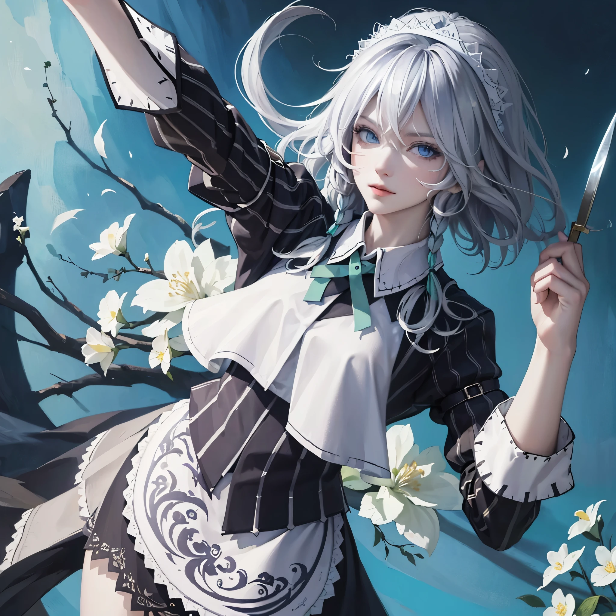((​masterpiece、top-quality))、High contrast、High color saturation、Tideplay、Luxley、、the wind、Flying petals、Stained glass with intricate and delicate decorations、2D、line-drawing、watercolor paiting、ink watercolor、1girl in、alraune、florals、Detailed hand depiction, sakuya izayoi, silver hair, maid dress, white apron, very short skirt, sexy pose, flying knive, holding knife, sleeveless outfit, detailed face, detailed eyes, fresh blue eyes, big green ribbons, blue outfit, double braids, small green ribbons, white maid headband