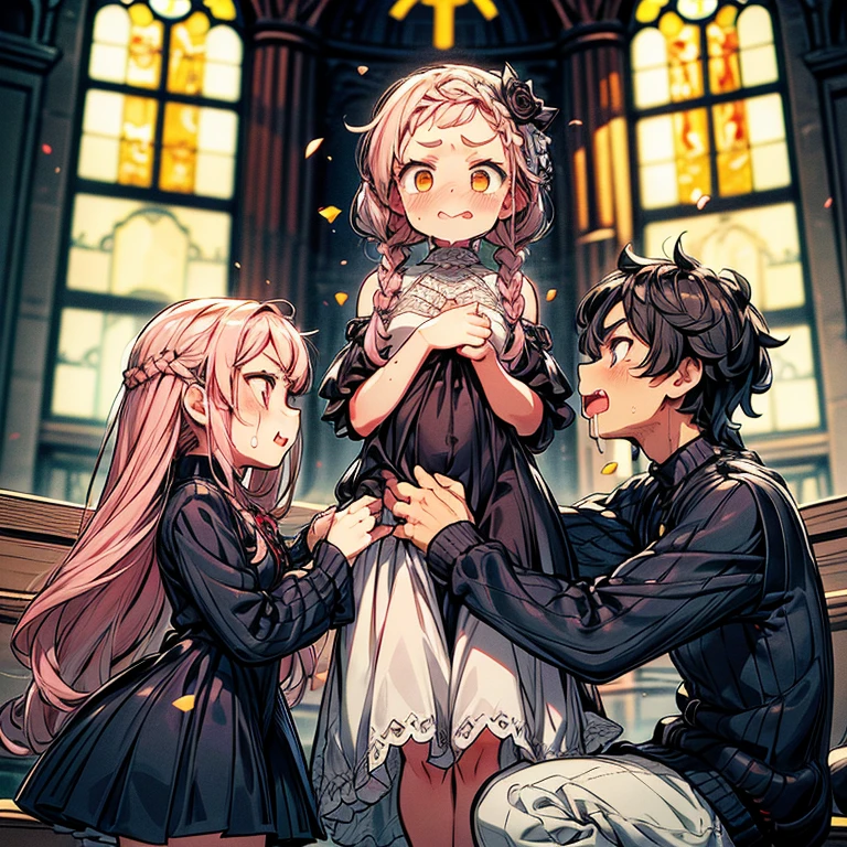 Girl with pink hair, long double-tailed hairstyle (small pink bushy eyebrows), dressed in gothic lolita clothes, lolicon (Zankuro) drawing style by zankuro artist, Zancro style, image uploaded to R34, (in a church full of people), flirtatious smile, suddenly having sex in public, ((flirty smile, drooling)) hands on belly,( begging for sex), wearing a wedding dress