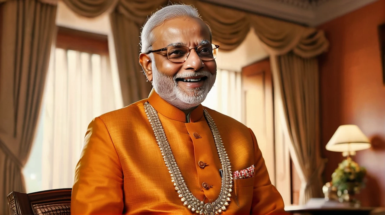 (realistic:1.3), finely detailed, quality, rembrandt lighting, (masterpiece:1.2), (photorealistic:1.2), (best quality), (detailed skin:1.3), (intricate details), dramatic, ray tracing, (open window, Sun, Clouds, Field, Starlight,( sitting ),Prime Minister of india Narendra Modiji dressed up a Orange Kurta and pajama,Smile in face, Playing Free fire on Android, sitting in the chair and table where Indian flag is sitauted, Ultra quality, show proper details