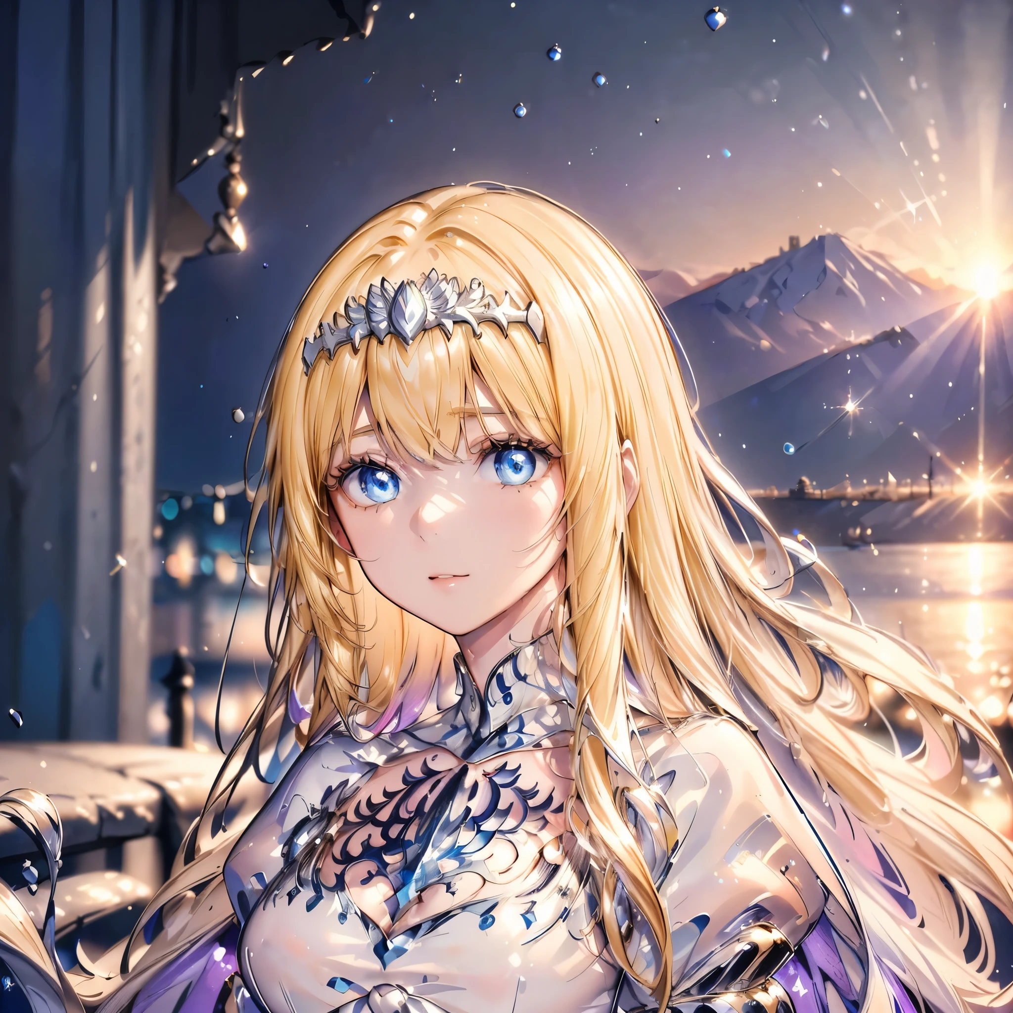 High definition RAW color art, Animation,sculptures, Silver Marble Skin, (((Ultra detailed elegant))), Magical atmosphere, (Detailed skin, Texture (Intricately detailed, Fine detail, ultra-detailliert), depth of fields, Bokeh, Silky Touch, Hyper Detail, Matte Drawing, sparkle background, down-light, purple neon, beautiful eyes, elegant face, looking back, sunset, 1girl, solo, Calca, Calca Bessarez, blonde hair, extremely long hair, very long hair, white tiara, white dress, blue eyes, medium chest