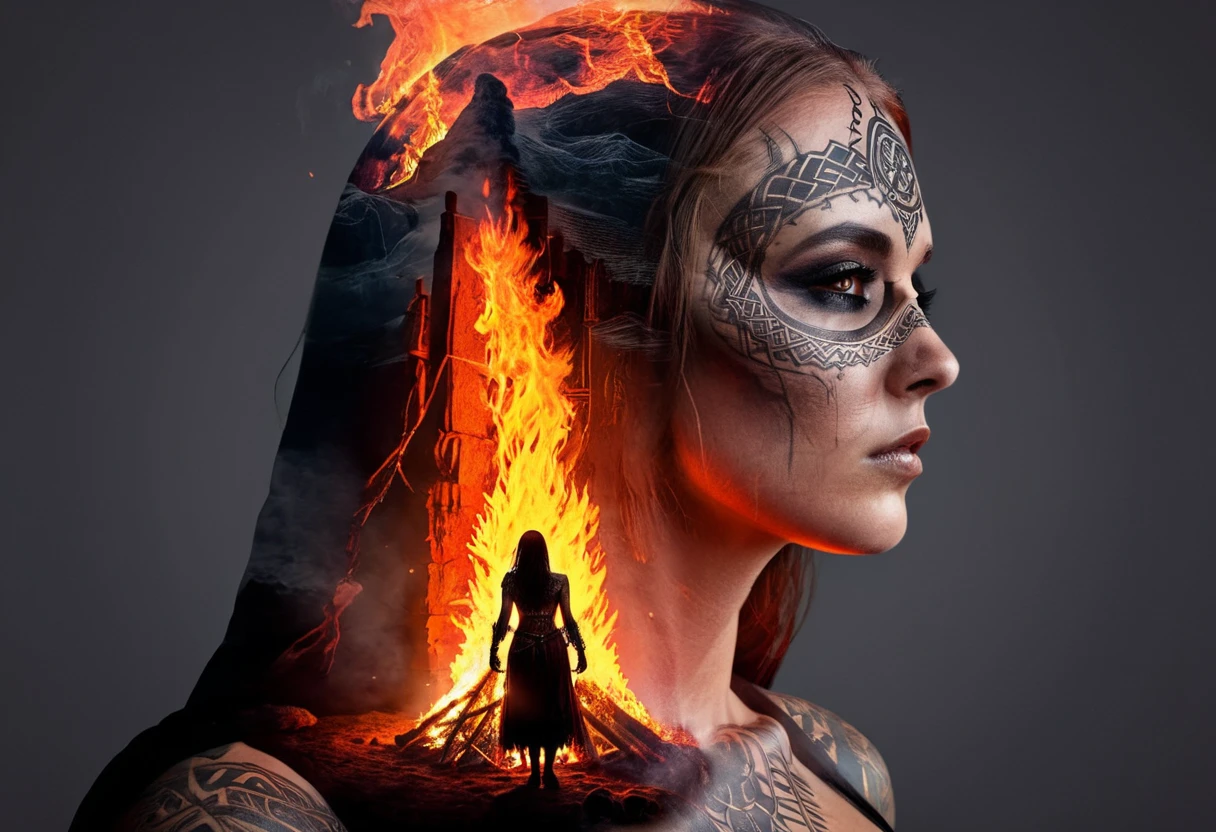 Double exposure Sketch with ink. A beautiful woman In an ancient Celtic Against the background of a huge burning bonfire, mystical Celtic clothes  and makeup. Multi exposure. Skulls , Celtic patterns. References to the work of Philippe Vignal . High Resolution, High Quality, Masterpiece, ultra hd, realistic, vivid colors, highly detailed, UHD drawing, pen and ink, perfect composition, beautiful detailed intricate insanely detailed octane render trending on artstation, 8k artistic photography, photorealistic concept art, soft natural volumetric cinematic perfect light,digital rendering. sharp focus, studio photo, intricate details, highly detailed