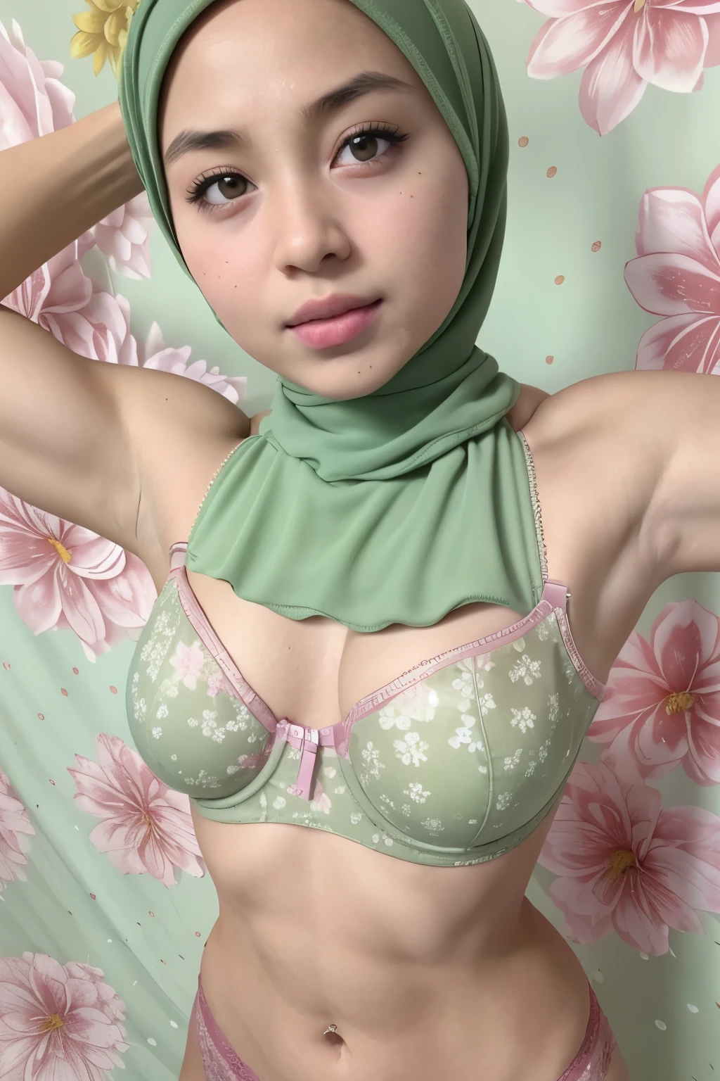 Bodybuilder Naked, (((HIJAB MALAY GIRL))), masutepiece, High quality, UHD 32K, Realistic face, Realistic skin feeling , A Japanese Lady, , , Very cute and baby-like face, (((FLAT CHEST))), (MATRIX WORLD), ((look In front at the camera and SADNESS)), ((())), (((CUTE GIRL))), ((LIGHT GREEN LIPS)), ((wering lingerie Bra Floral Pattern)) little Bodybuilder