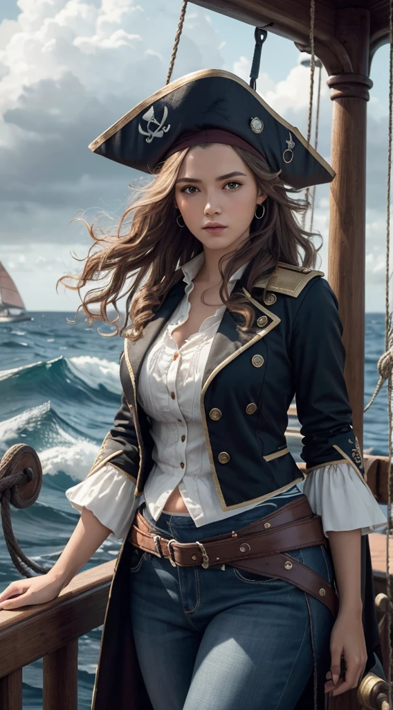 (masterpiece, best quality, award winning, highres), 1 beautiful female pirate, skinny, tall, pirate hat, intricate pirate clothes, intricate and beautiful design, highly detailed beautiful face, wavy hair, detailed flowing hair, standing at helm on pirate ship, pirate ship, storm, rain, rough sea, detailed background, water splash, extremely CG detail, ultra detail