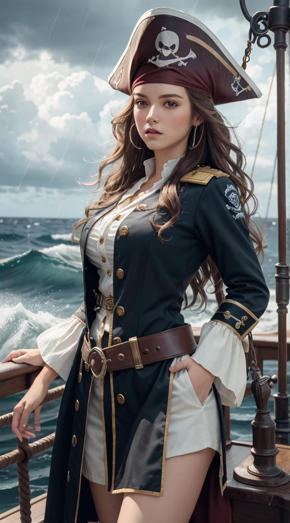 (masterpiece, best quality, award winning, highres), 1 beautiful female pirate, skinny, tall, pirate hat, intricate pirate clothes, intricate and beautiful design, highly detailed beautiful face, wavy hair, detailed flowing hair, standing at helm on pirate ship, pirate ship, storm, rain, rough sea, detailed background, water splash, extremely CG detail, ultra detail
